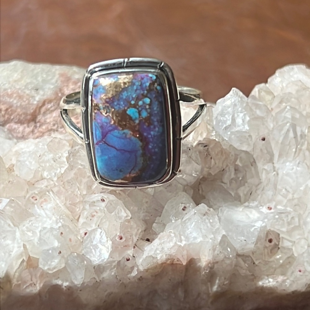 KINGMAN DAHLIA TURQUOISE 925 STERLING SILVER RING, SIZE 7.75